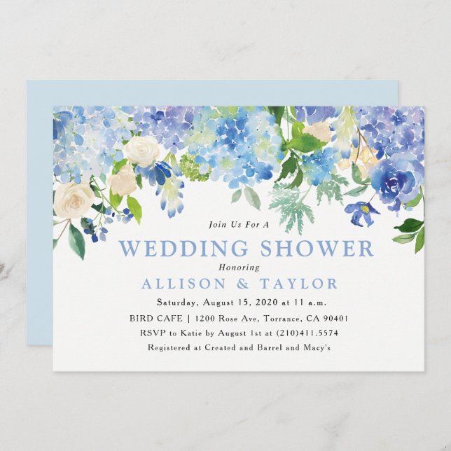 Blue Watercolor Flowers Wedding Shower Invitation (Front/Back)