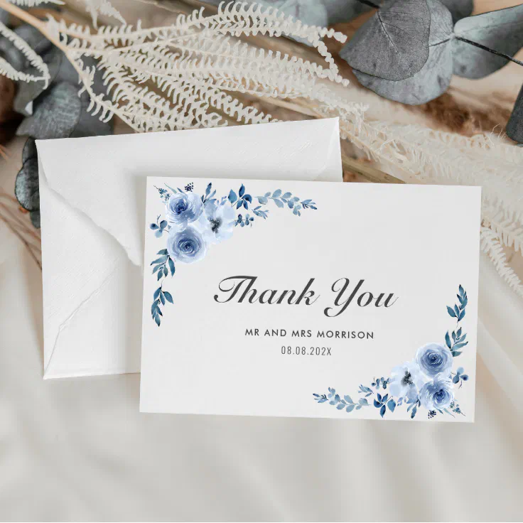 blue watercolor flowers wedding thank you card | Zazzle