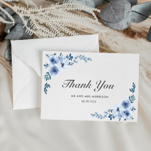 blue watercolor flowers wedding thank you card