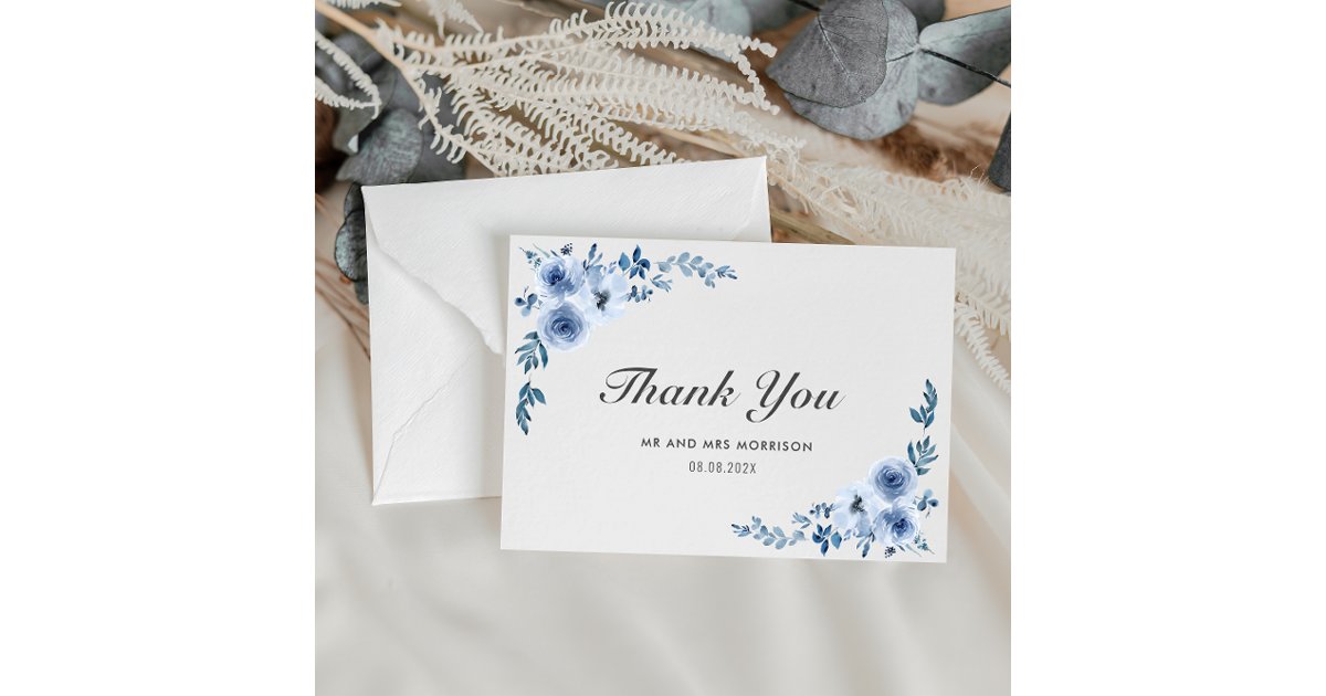 blue watercolor flowers wedding thank you card | Zazzle