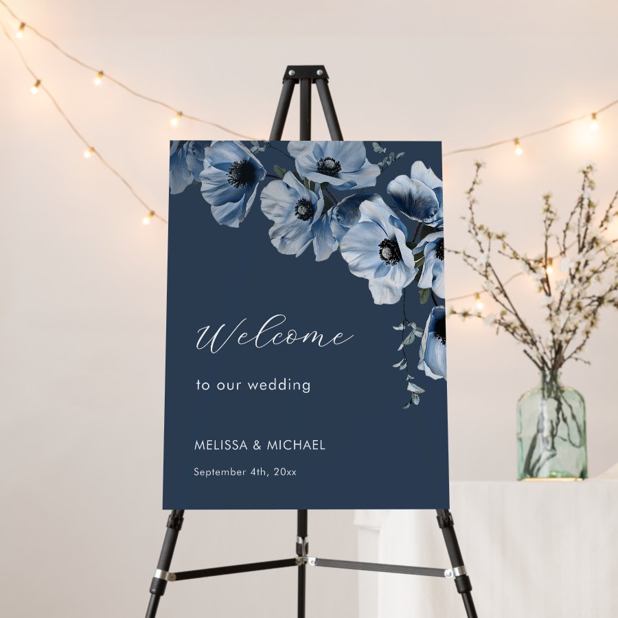 Blue Watercolor Flowers Wedding  Welcome Foam Board