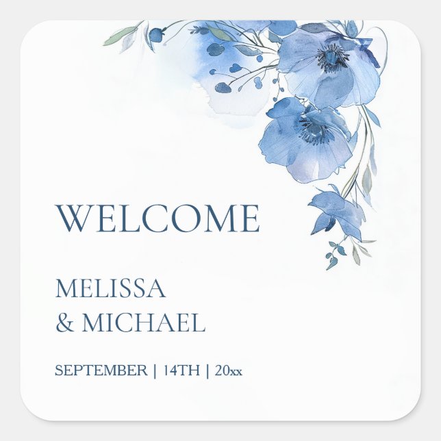 Blue Watercolor Flowers Wedding Welcome Square Sticker