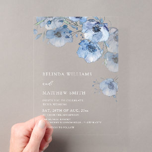 Blue Watercolor Flowers White Acrylic Invitations