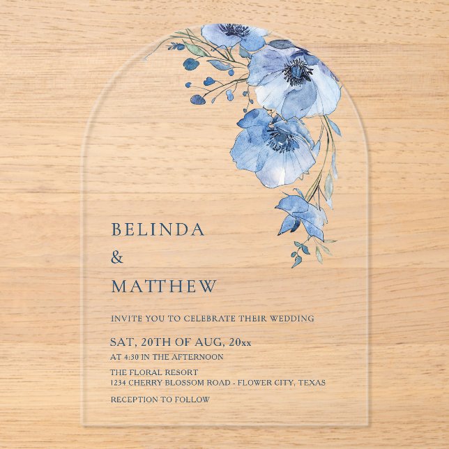Blue Watercolor Flowers White Acrylic Invitations (Front)