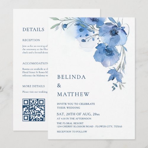 Blue Watercolor Flowers White Arch Invitation