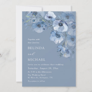 Blue Watercolor Flowers White Invitation