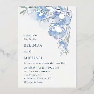 Blue Watercolor Flowers White Silver Foil Invitation