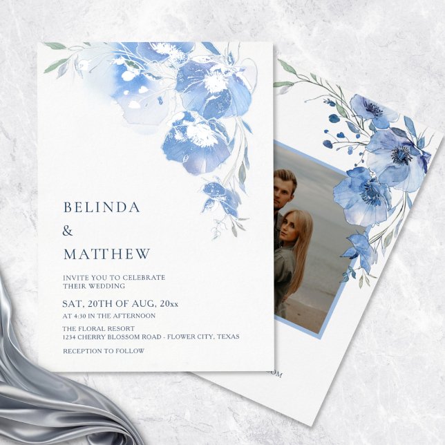 Blue Watercolor Flowers White Silver Foil Invitation (Creator Uploaded)