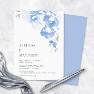 Blue Watercolor Flowers White Silver Foil Invitation