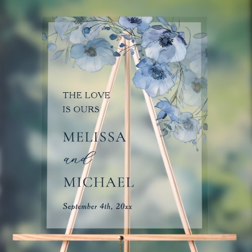Blue Watercolor Flowers White Transparent Acrylic Sign