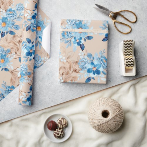 Blue watercolor flowers  wrapping paper