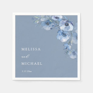 Blue Watercolor Flowers Your Names Wedding Napkins