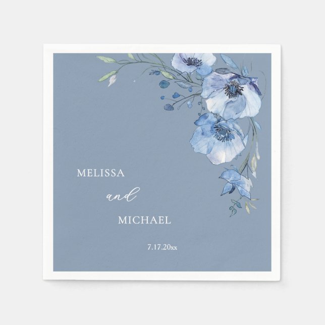 Blue Watercolor Flowers Your Names Wedding Napkins (Front)