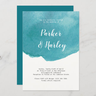 Blue Watercolor Flowy Script Style Wedding Invitation