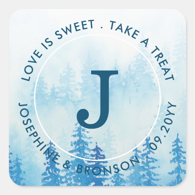 Blue Watercolor Foggy Forest Monogram Square Sticker (Front)