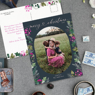 Blue Watercolor Foliage 1 Photo Christmas Holiday Postcard