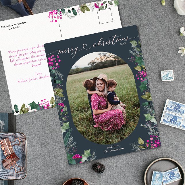 Blue Watercolor Foliage 1 Photo Christmas  Holiday Postcard (Creator Uploaded)