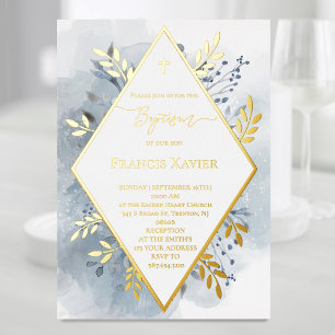 blue watercolor foliage Baptism Foil Invitation