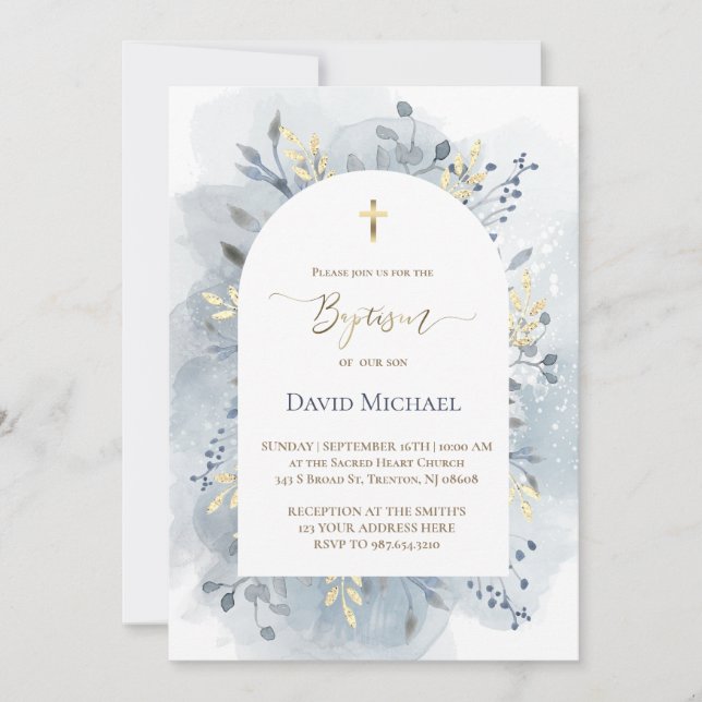 blue watercolor foliage Baptism  Invitation (Front)