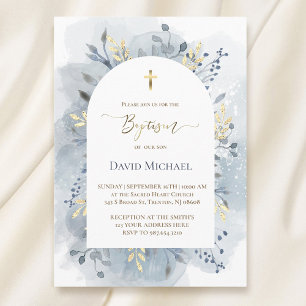 blue watercolor foliage Baptism Invitation