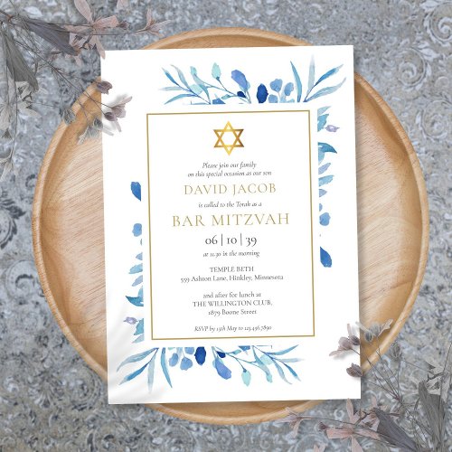 Blue Watercolor Foliage Bar Mitzvah Bat Mitzvah