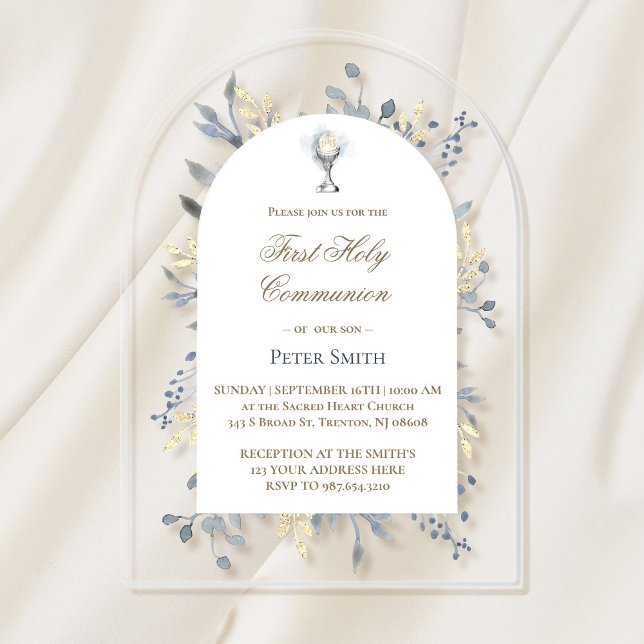  blue watercolor foliage First Holy Communion  Acrylic Invitations (Creator Uploaded)