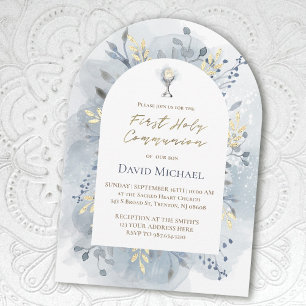  blue watercolor foliage First Holy Communion  Invitation