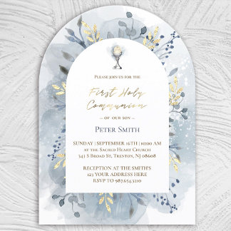  blue watercolor foliage First Holy Communion  Invitation