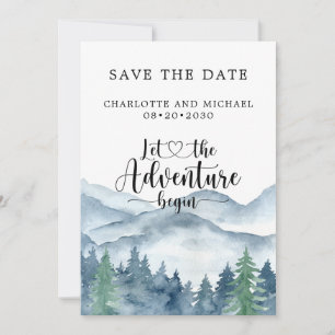 Blue Watercolor Forest Mountains Save The Date