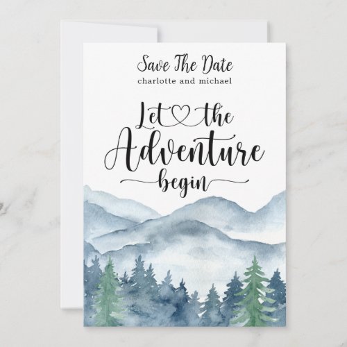 Blue Watercolor Forest Mountains Save The Date