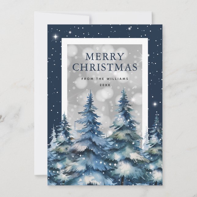 Blue Watercolor Forest Snow Merry Christmas Holiday Card (Front)