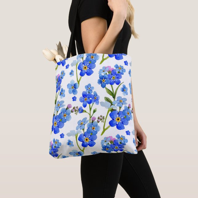 Blue Watercolor Forget-me-not Flowers Tote Bag (Close Up)