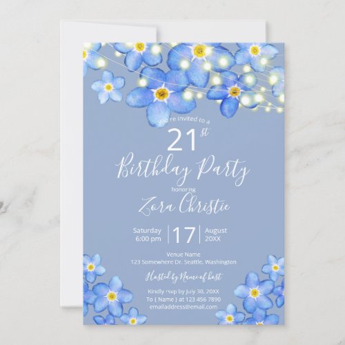Blue Watercolor Forget_Me_Nots 21st Birthday Party Invitation