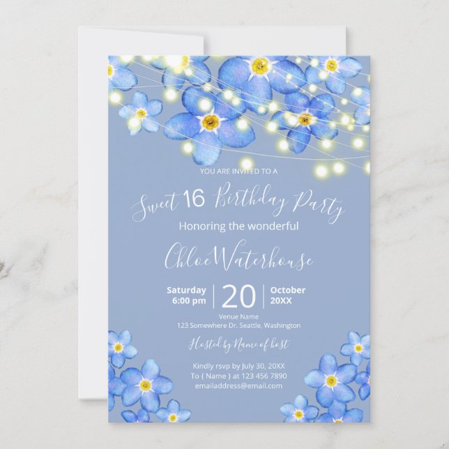 Blue Watercolor Forget Me Nots Sweet 16 Birthday Invitation (Front)