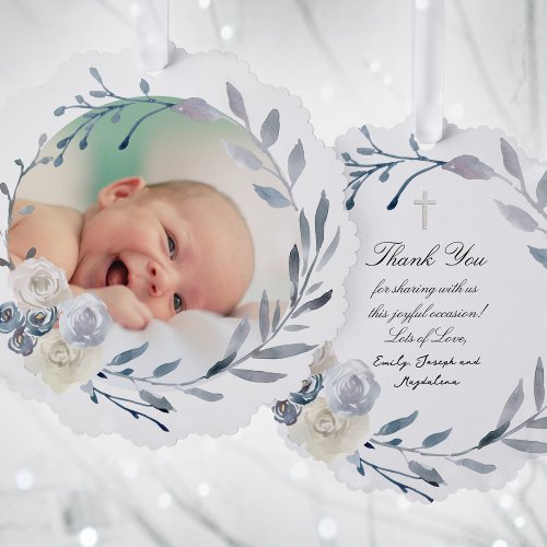 blue watercolor frame Baptism thank you  Ornament Card