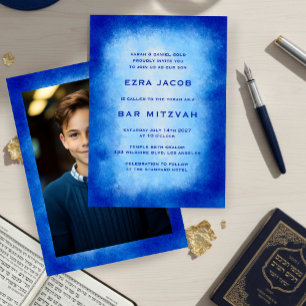 Blue Watercolor Frame Custom PHOTO Bar Bat Mitzvah Invitation