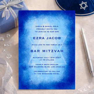 Blue Watercolor Frame Star Custom Bar Bat Mitzvah Invitation