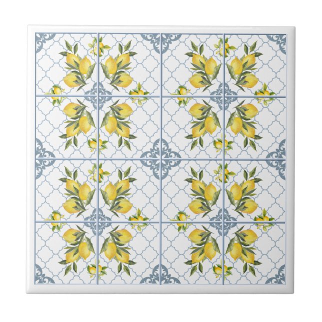 Blue Watercolor French Country Lemon Ceramic Tile (Front)