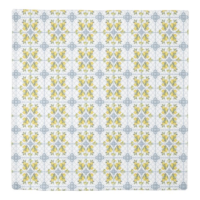 Blue Watercolor French Country Lemon Duvet Cover (Front)