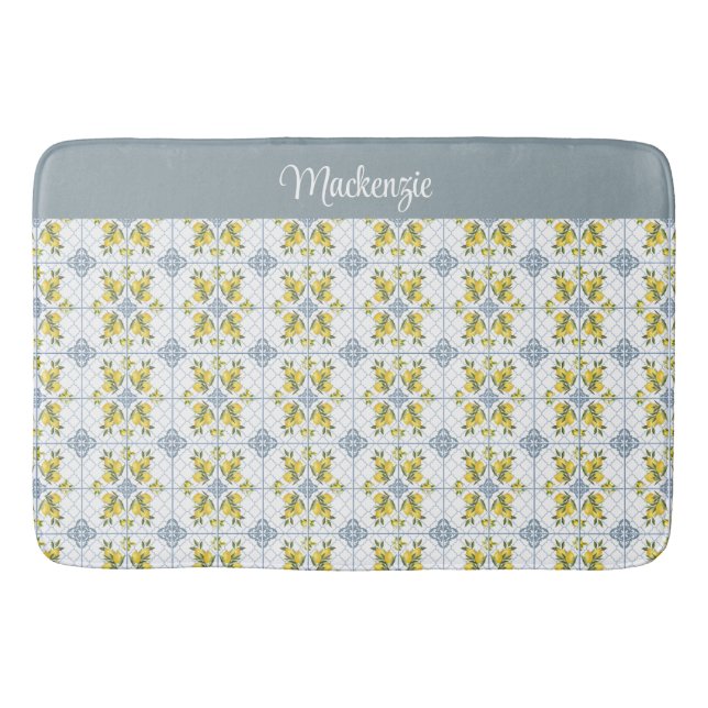 Blue Watercolor French Country Lemon Name Monogram Bath Mat (Front)