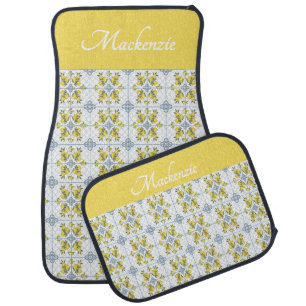 Blue Watercolor French Country Lemon Name Monogram Car Floor Mat
