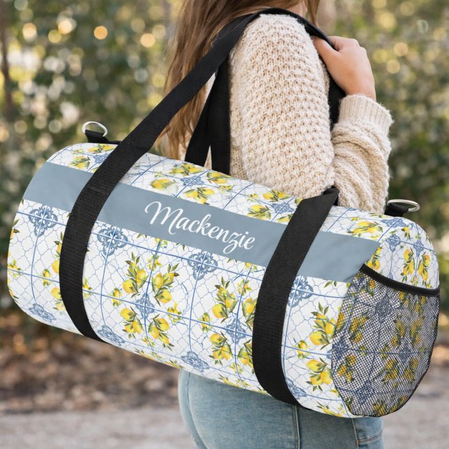 Blue Watercolor French Country Lemon Name Monogram Duffle Bag (Creator Uploaded)