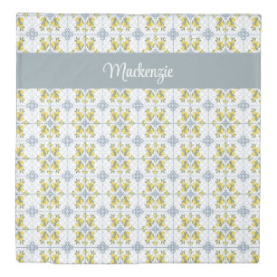 Blue Watercolor French Country Lemon Name Monogram Duvet Cover