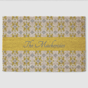 Blue Watercolor French Country Lemon Name Monogram Fiber Doormat