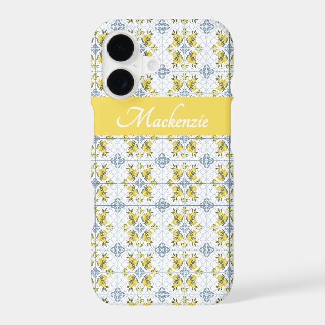 Blue Watercolor French Country Lemon Name Monogram iPhone Case (Back)