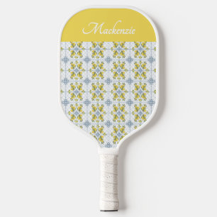 Blue Watercolor French Country Lemon Name Monogram Pickleball Paddle