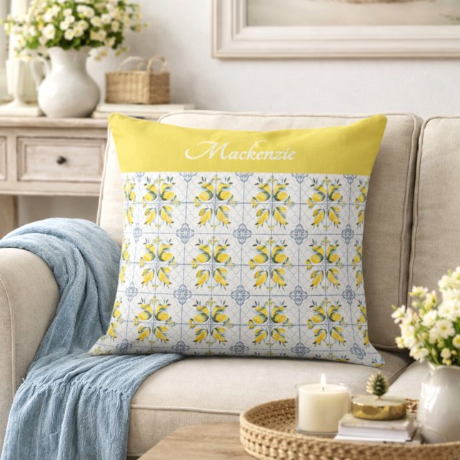 Blue Watercolor French Country Lemon Name Monogram Throw Pillow (Creator Uploaded)