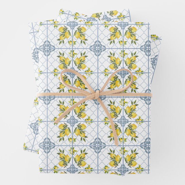 Blue Watercolor French Country Lemon Wrapping Paper Sheets (In situ)