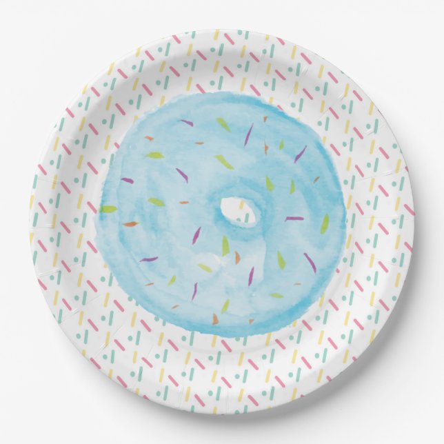 Blue Watercolor Frosted Donut and Sprinkles Paper Plates (Front)