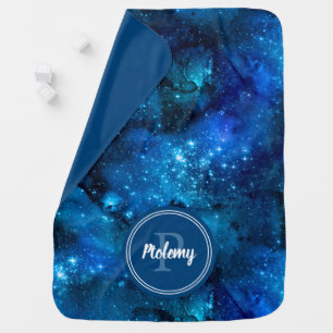 Blue Watercolor Galaxy Nebula Monogram Baby Blanket